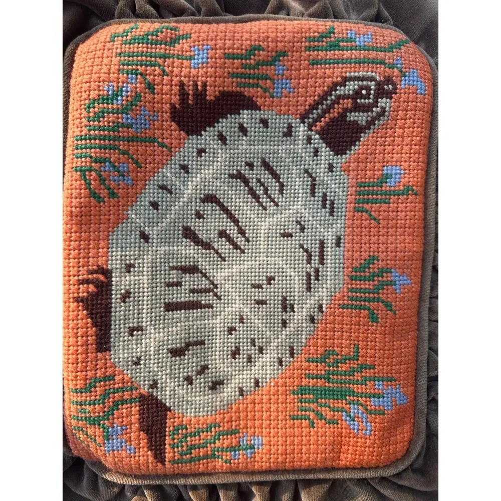 Vintage handmade needlepoint turtle pillow sham brown velvet ruffle orange